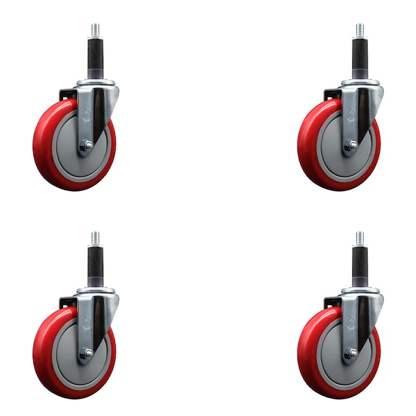 Service Caster 5'' Red Poly Wheel Swivel 1'' Expanding Stem Caster Set, 4PK SCC-EX20S514-PPUB-RED-1-4 - main